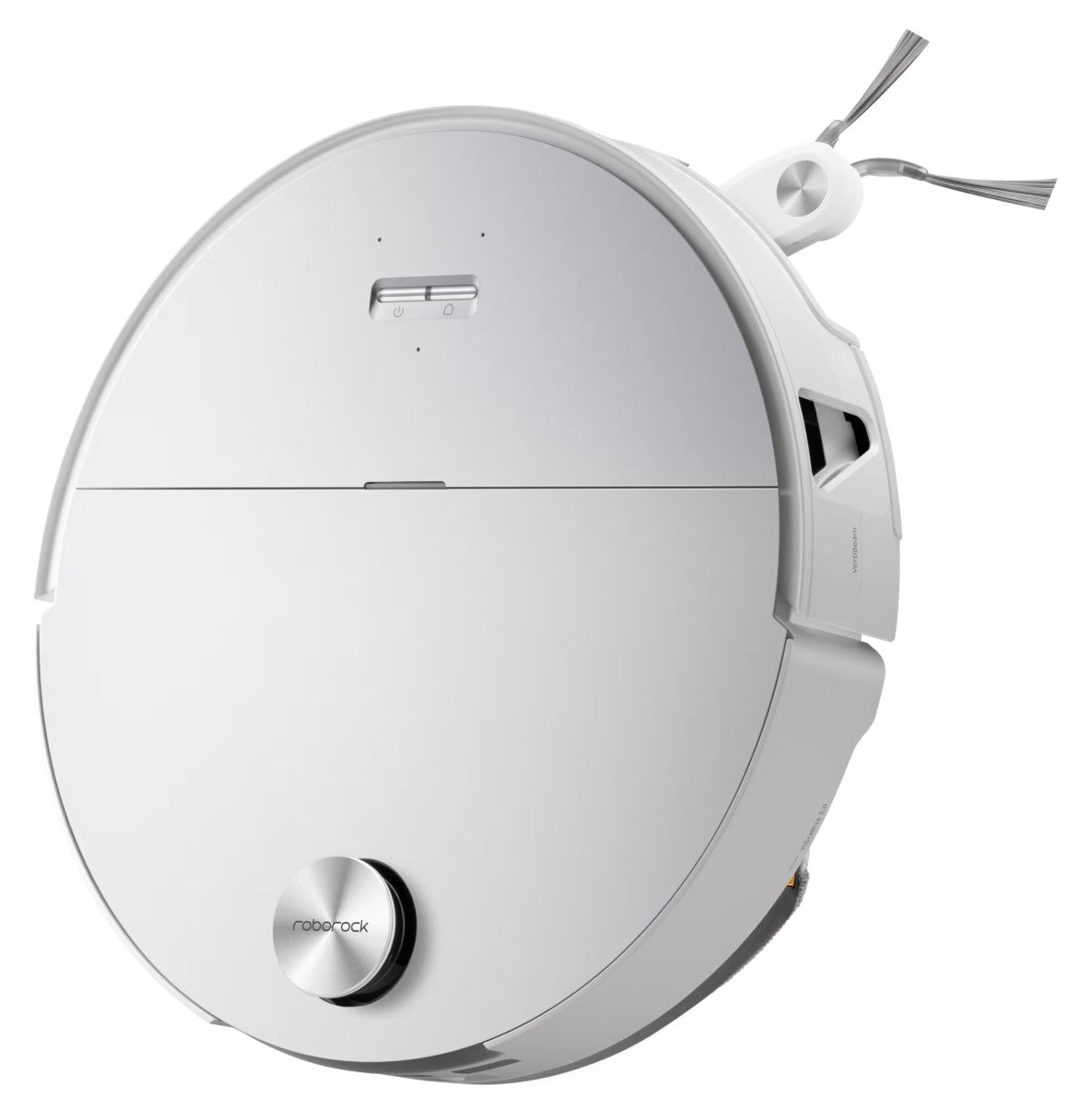 Roborock Saros 20 Sonic robotstøvsuger hvid, rund med vibrerende moppefunktion, sidebørste, topsensor og Roborock-logo.