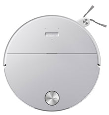 Roborock Saros 20 Sonic robotstøvsuger hvid, rund form, sølv "roborock" knap, vibrerende moppefunktion, sidebørste.