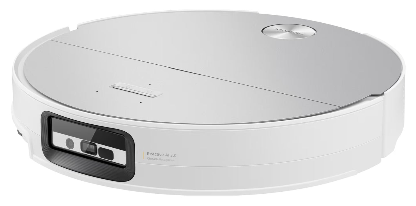 Roborock Saros 20 Sonic robotstøvsuger hvid, sølv top, rund form, frontsensorer, vibrerende moppefunktion.