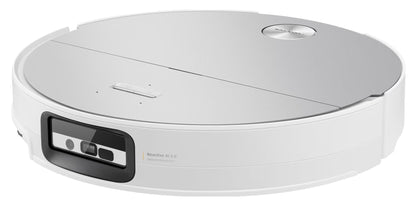 Roborock Saros 20 Sonic robotstøvsuger hvid, sølv top, rund form, frontsensorer, vibrerende moppefunktion.