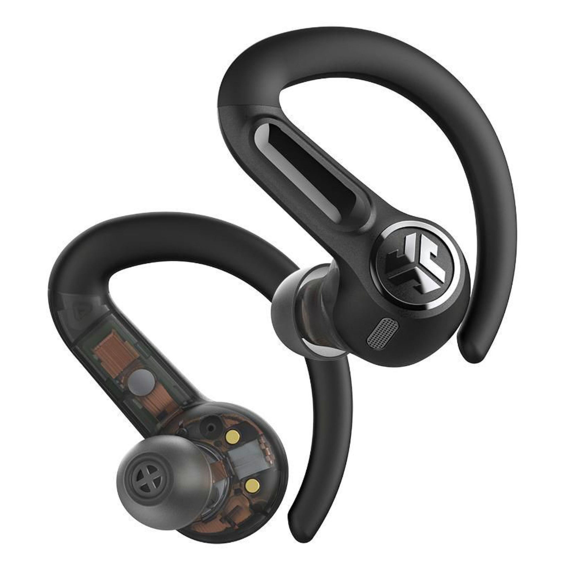 JLab Epic Sport ANC 3 True Wireless earbuds sort, én med indre komponenter synlige, én viser logo og knap.