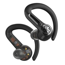 JLab Epic Sport ANC 3 True Wireless earbuds sort, én med indre komponenter synlige, én viser logo og knap.