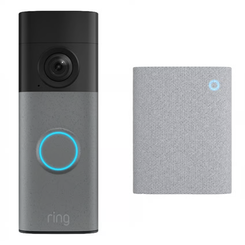 RING batteridrevet videodørklokke + dørklokke, grå med prikker, blå ring, kompakt grå dørklokke med lys øverst, Retina 2K-opløsning.