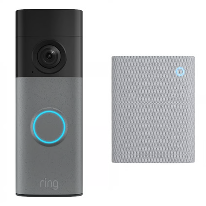 RING batteridrevet videodørklokke + dørklokke, grå med prikker, blå ring, kompakt grå dørklokke med lys øverst, Retina 2K-opløsning.
