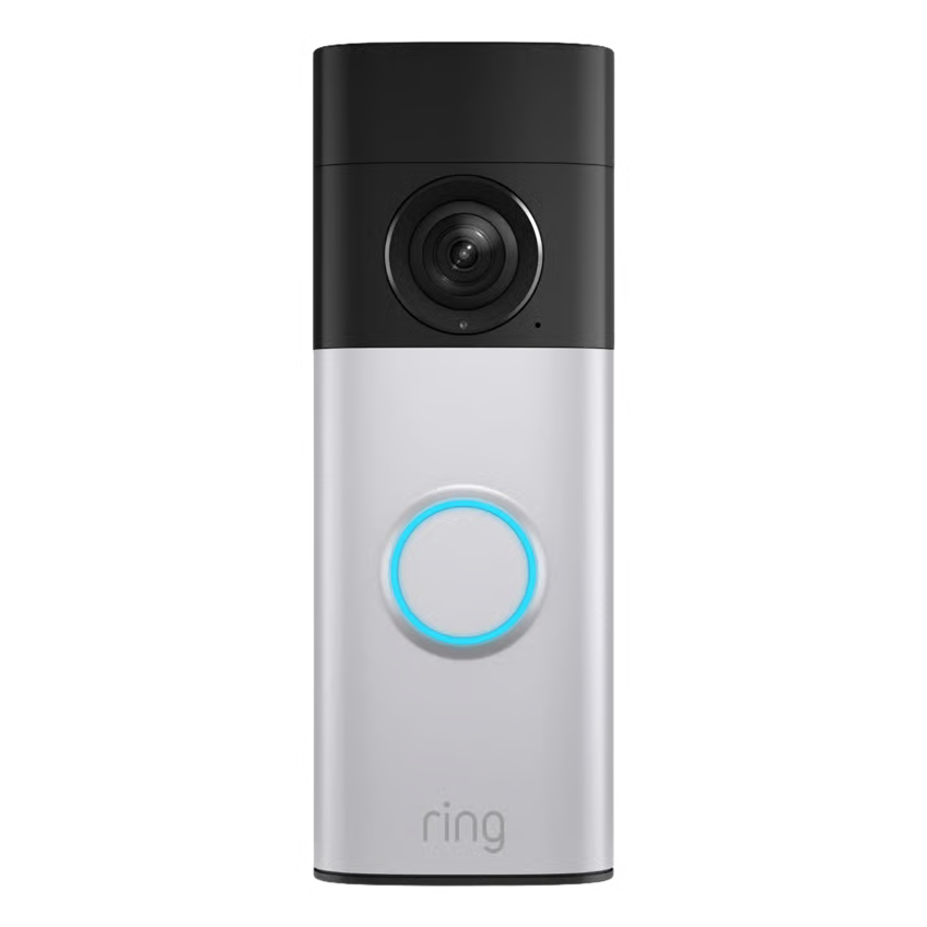 Ring Battery Video Doorbell Plus Retinal 2K i nikkelfarve, kamera øverst, blåt oplyst knap, Ring-logo nederst.
