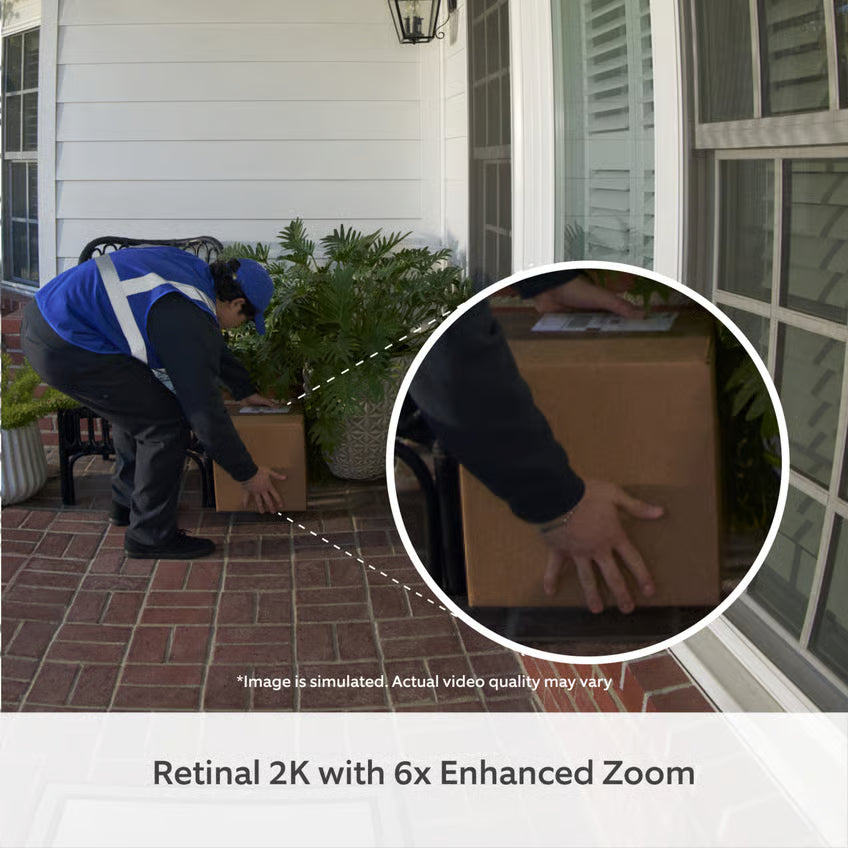Ring Battery Video Doorbell Plus, Retinal 2K, nikkelsølv, nærbillede af pakken, tekst: Retinal 2K med 6x forbedret zoom.