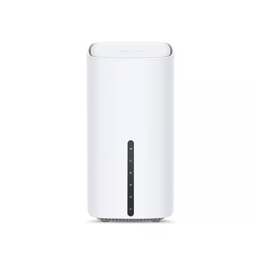 TP-Link Archer NX505 5G-router, hvid, rektangulær med afrundede kanter og sort stribe på forsiden med indikatorlamper, Wi-Fi 6.