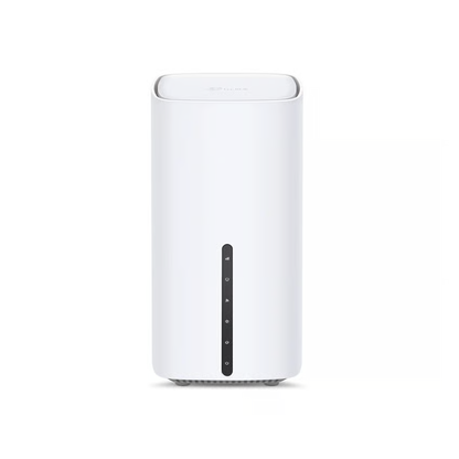 TP-Link Archer NX505 5G-router, hvid, rektangulær med afrundede kanter og sort stribe på forsiden med indikatorlamper, Wi-Fi 6.