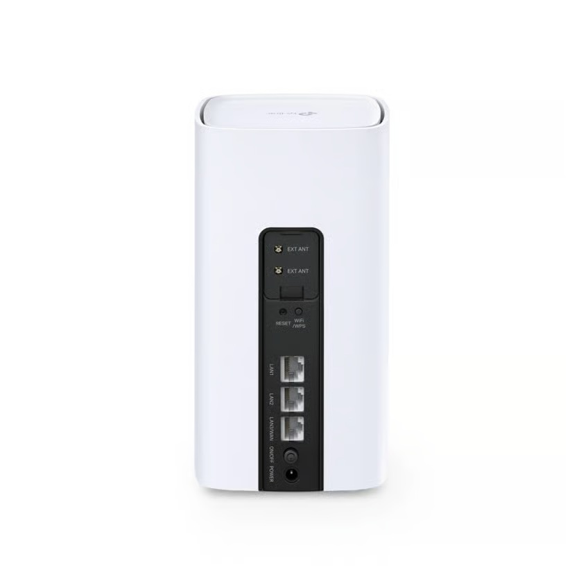 TP-LINK Archer NX505 5G-router med Wi-Fi 6, hvid, set set bagfra med Ethernet-porte, strømindgang, reset-knap og to antenneporte.