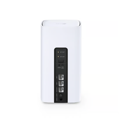 TP-LINK Archer NX505 5G-router med Wi-Fi 6, hvid, set set bagfra med Ethernet-porte, strømindgang, reset-knap og to antenneporte.
