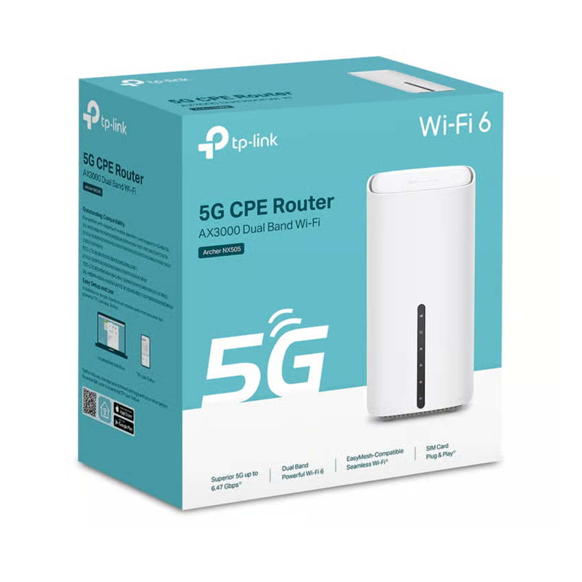 TP-LINK Archer NX505 5G-router med Wi-Fi 6 i turkis æske, 5G- og Wi-Fi 6-logoer, fremhævede funktioner på siden.