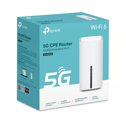 TP-LINK Archer NX505 5G-router med Wi-Fi 6 i turkis æske, 5G- og Wi-Fi 6-logoer, fremhævede funktioner på siden.