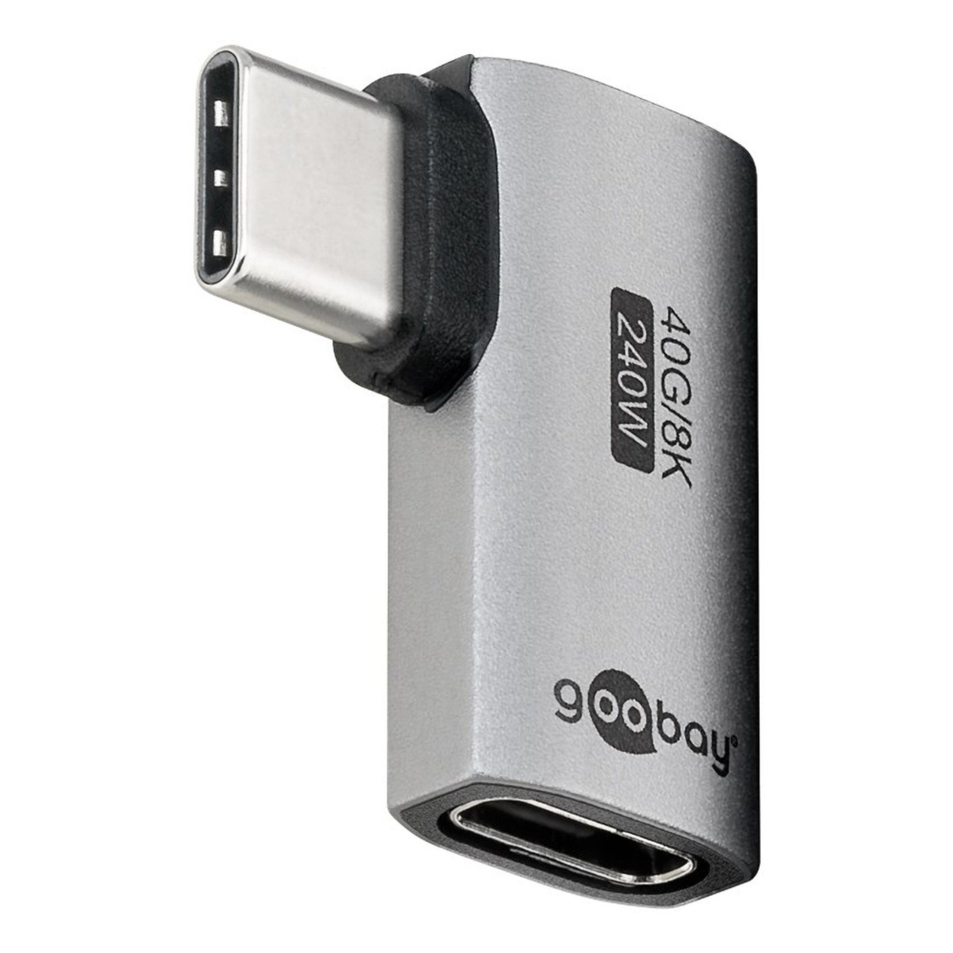 Sølv USB-C adapter 90° vinkel, mærket 40G 8K 240W, USB4-understøttelse, USB-C han til USB-C hun.