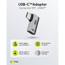USB-C adapter 90° vinkel, USB4, 8K UHD/60 Hz, 240W Power Delivery, aluminiumshus, op til 40 Gbit/s.