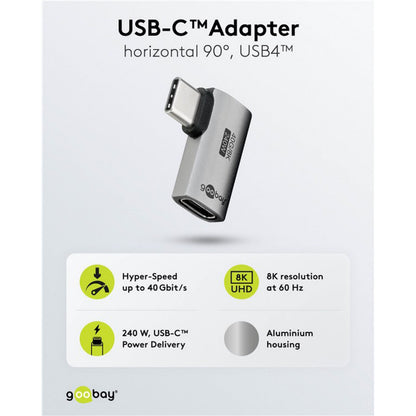USB-C adapter 90° vinkel, USB4, 8K UHD/60 Hz, 240W Power Delivery, aluminiumshus, op til 40 Gbit/s.