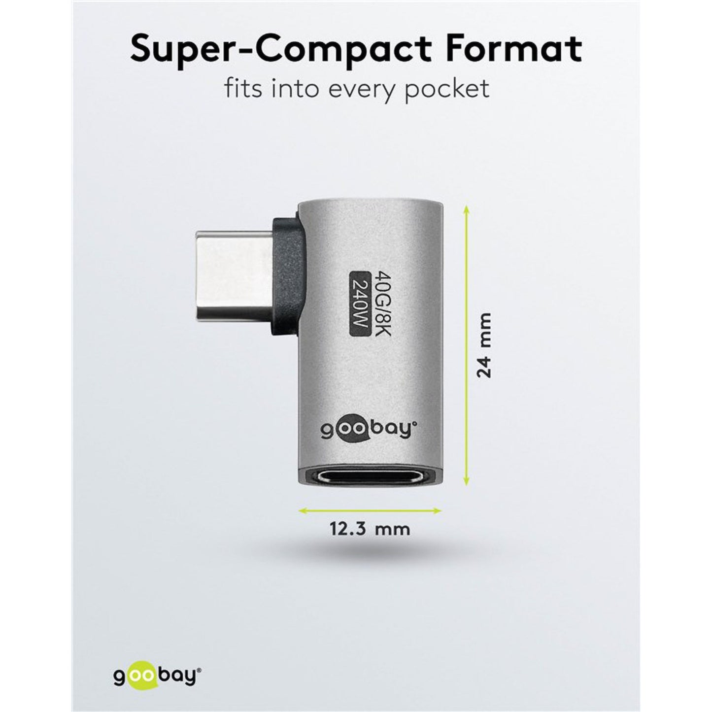 Grå USB-C adapter 90° horisontal vinkel, USB4, 24 mm høj og 12,3 mm bred.
