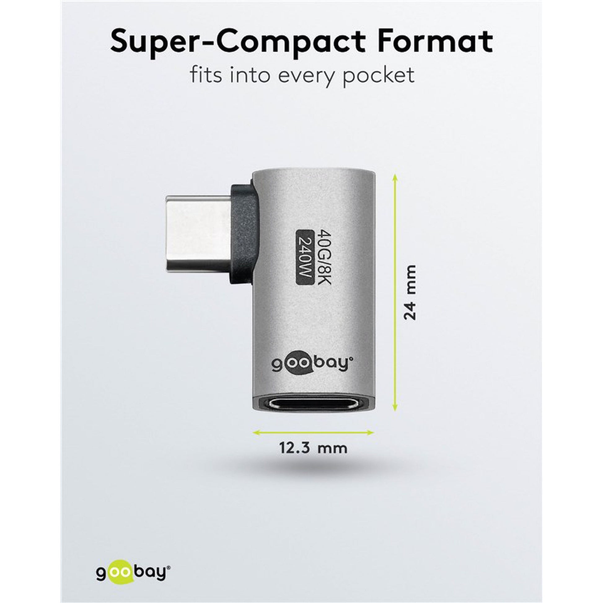 Grå USB-C adapter 90° horisontal vinkel, USB4, 24 mm høj og 12,3 mm bred.