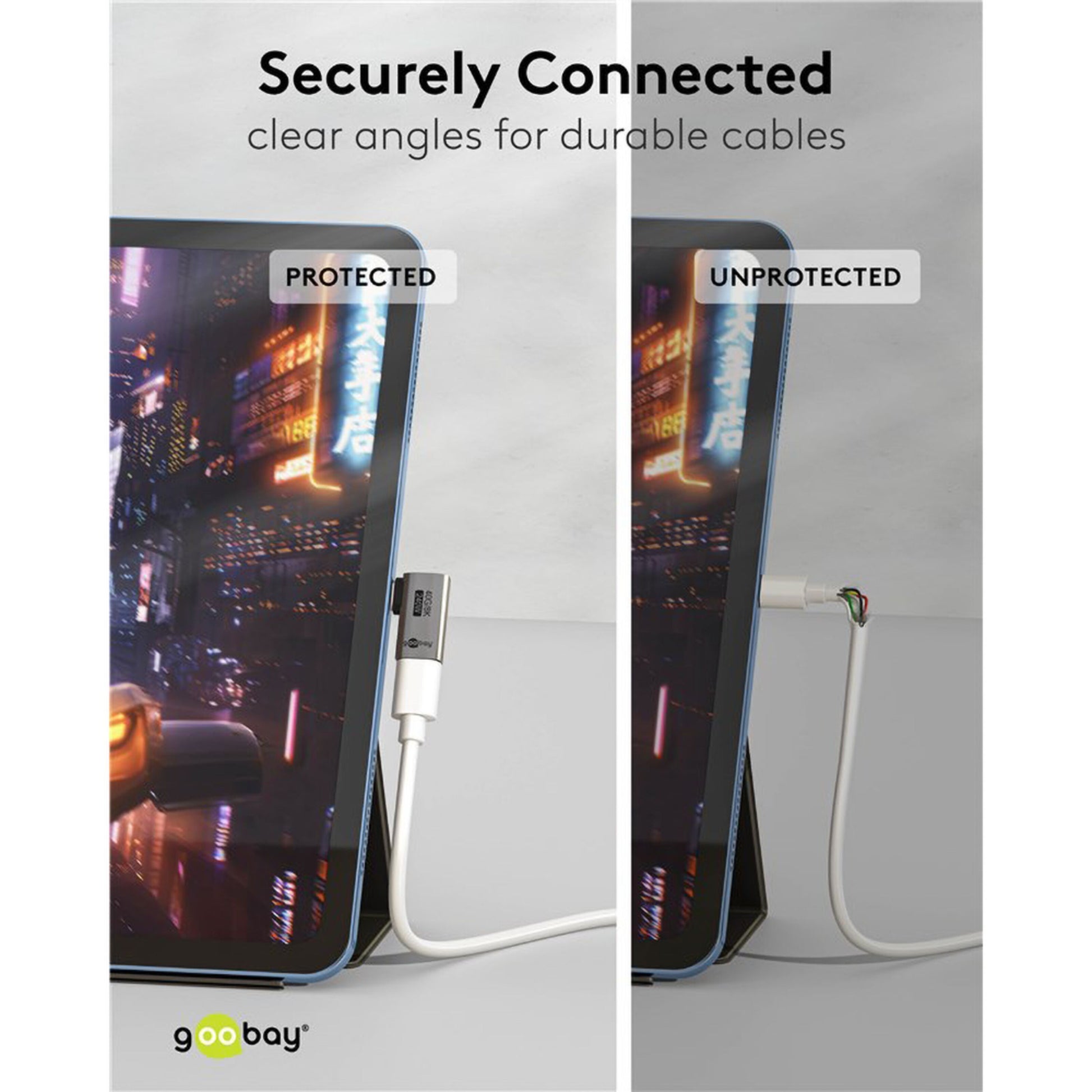 USB-C-adapter med 90° horisontal vinkel, USB4 til venstre; slidt og flosset kabel til højre.