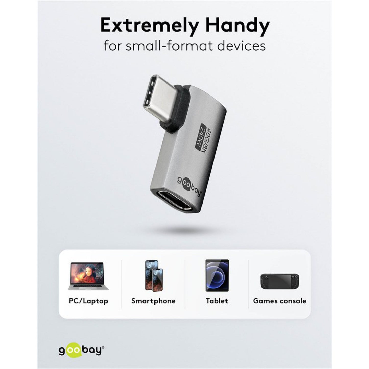 USB4 USB-C-adapter 90° vinkel vises over ikoner til laptop, smartphone, tablet og spilkonsol, tekst: Ekstremt praktisk til små enheder.