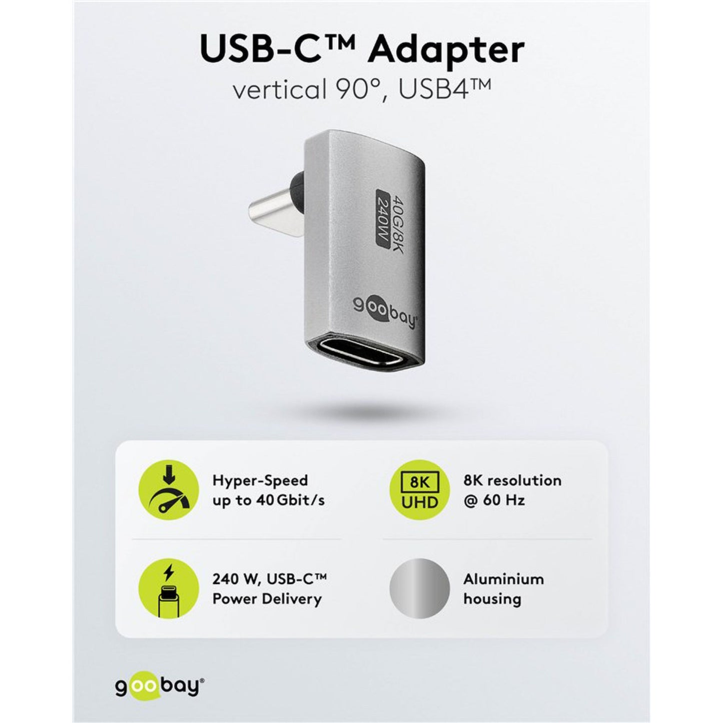 USB-C adapter 90° vinkel med USB4, aluminiumshus, PD 240W, op til 40 Gbit/s, understøtter 8K 60Hz.