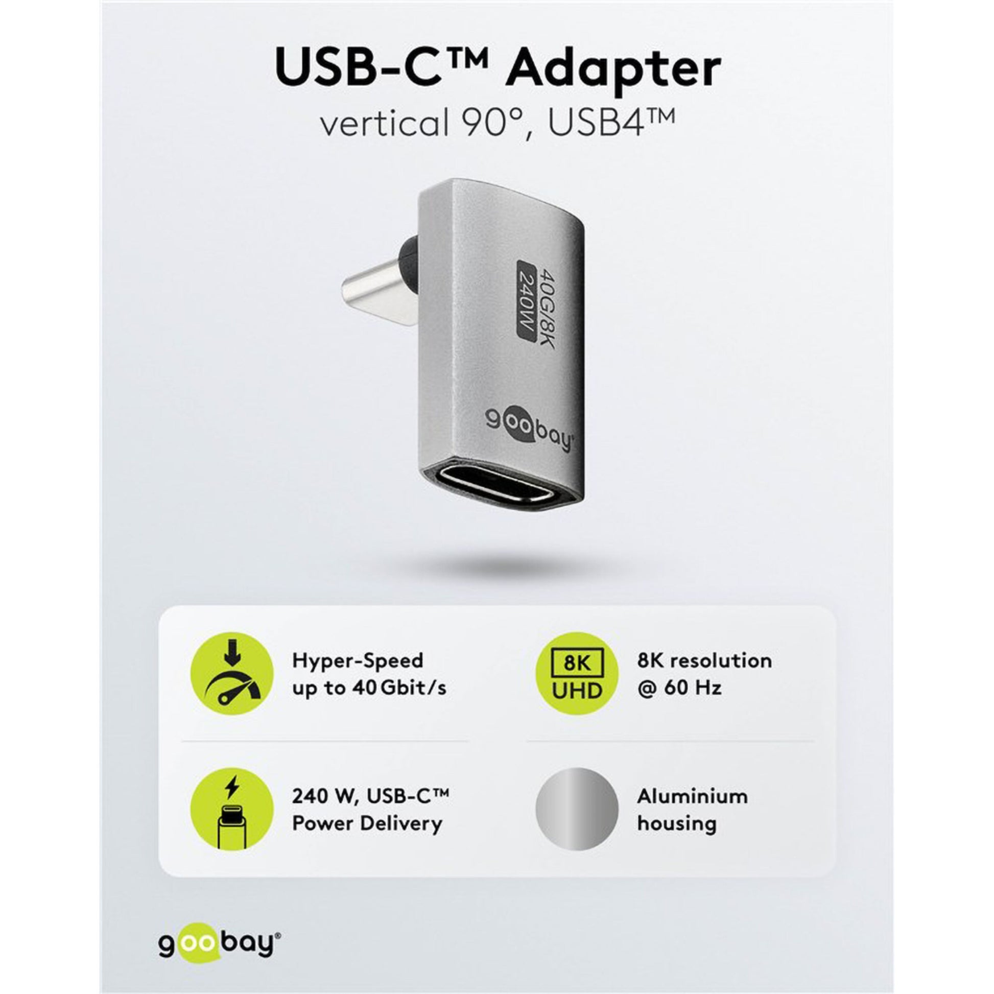 USB-C adapter 90° vinkel med USB4, aluminiumshus, PD 240W, op til 40 Gbit/s, understøtter 8K 60Hz.