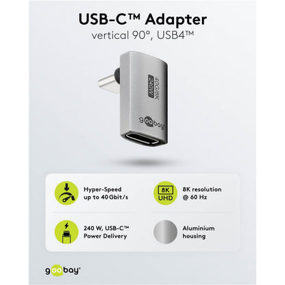 USB-C adapter 90° vinkel med USB4, aluminiumshus, PD 240W, op til 40 Gbit/s, understøtter 8K 60Hz.