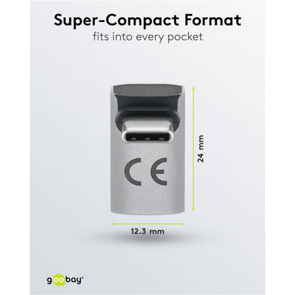 USB-C adapter 90° vinkel, USB4-understøttelse, metallic, 24x12,3 mm, tekst "Superkompakt format passer i enhver lomme.