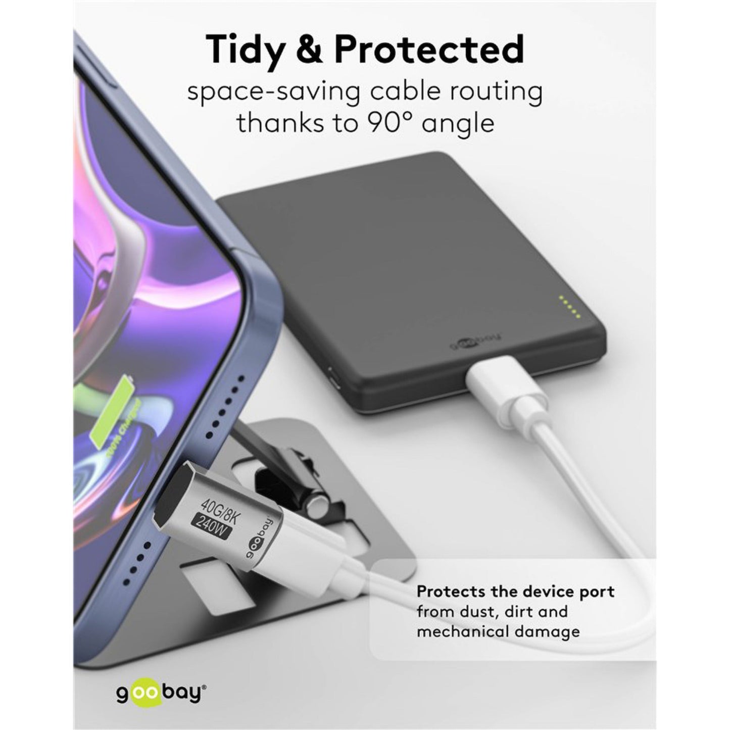 USB-C-adapter 90° vinklet med USB4-understøttelse, Power Delivery op til 240W, beskytter stik mod støv og skade.