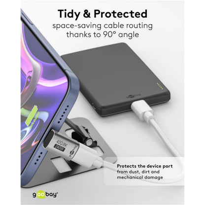 USB-C-adapter 90° vinklet med USB4-understøttelse, Power Delivery op til 240W, beskytter stik mod støv og skade.