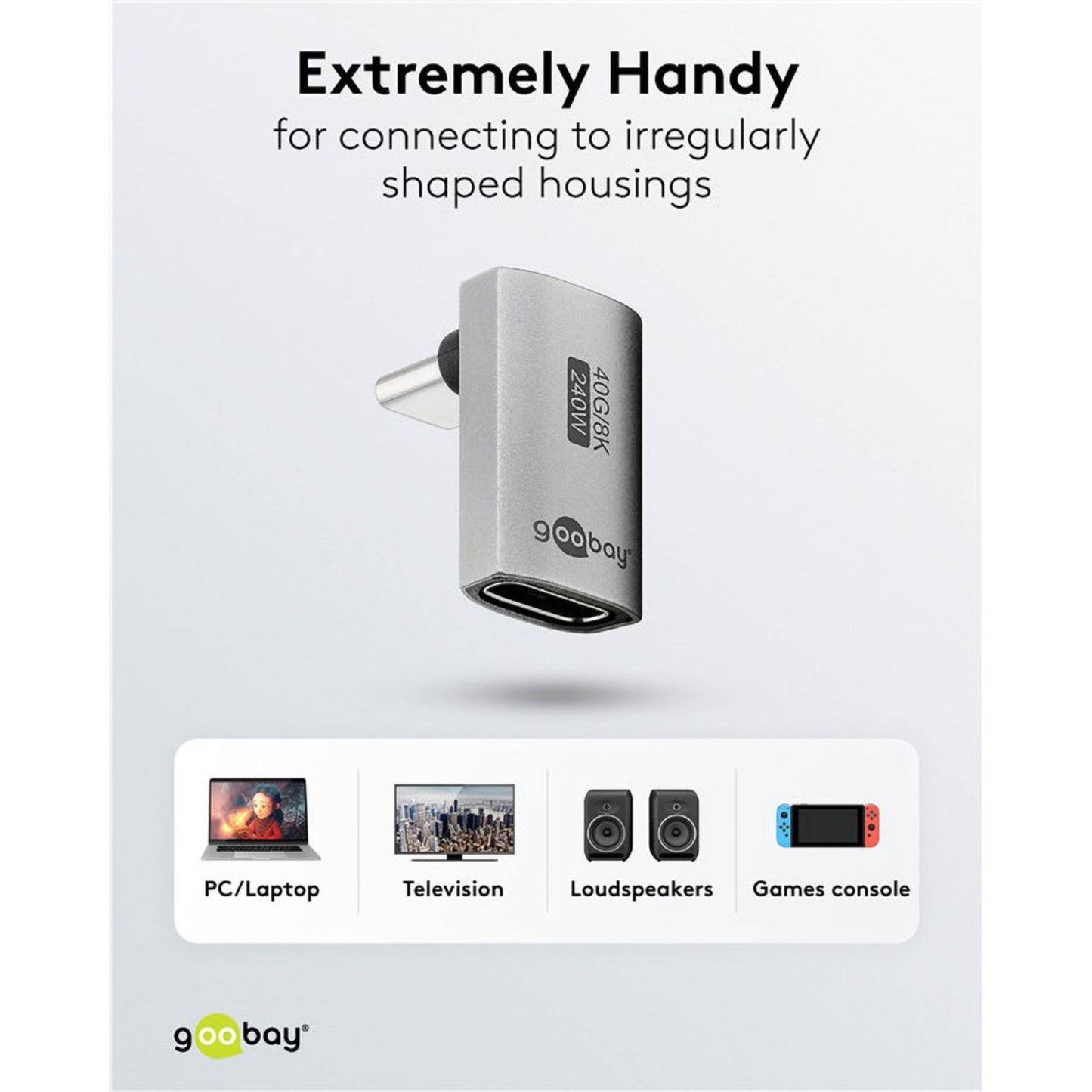 USB-C adapter 90° vinklet, USB4-understøttelse, 240W Power Delivery, ikoner til pc, tv, højtalere og spillekonsol.