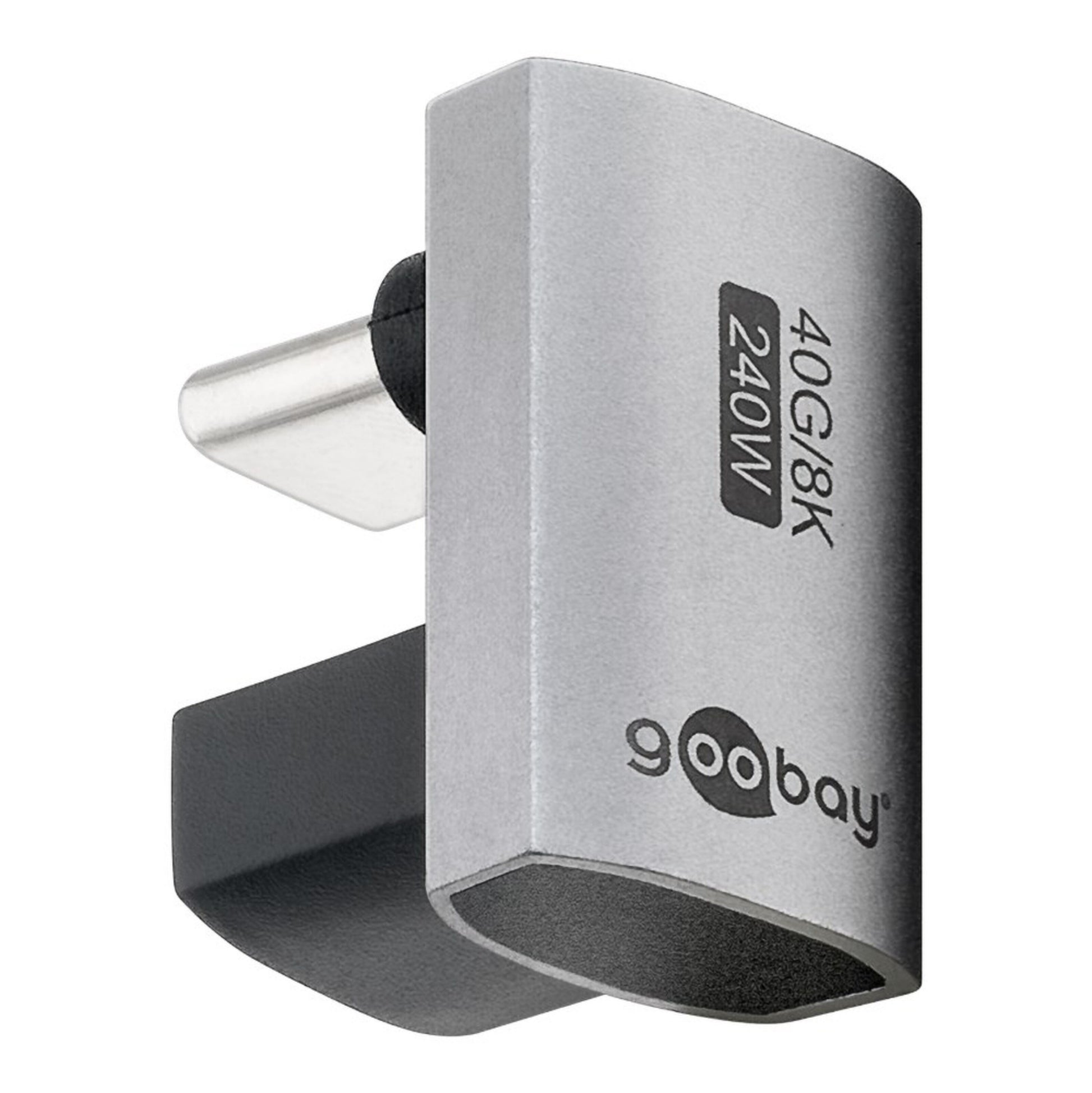 USB-C-adapter 180° U-formet, sølv/sort, USB4-understøttelse, 40G/8K, 240W, USB-C han til hun.