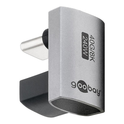 USB-C-adapter 180° U-formet, sølv/sort, USB4-understøttelse, 40G/8K, 240W, USB-C han til hun.