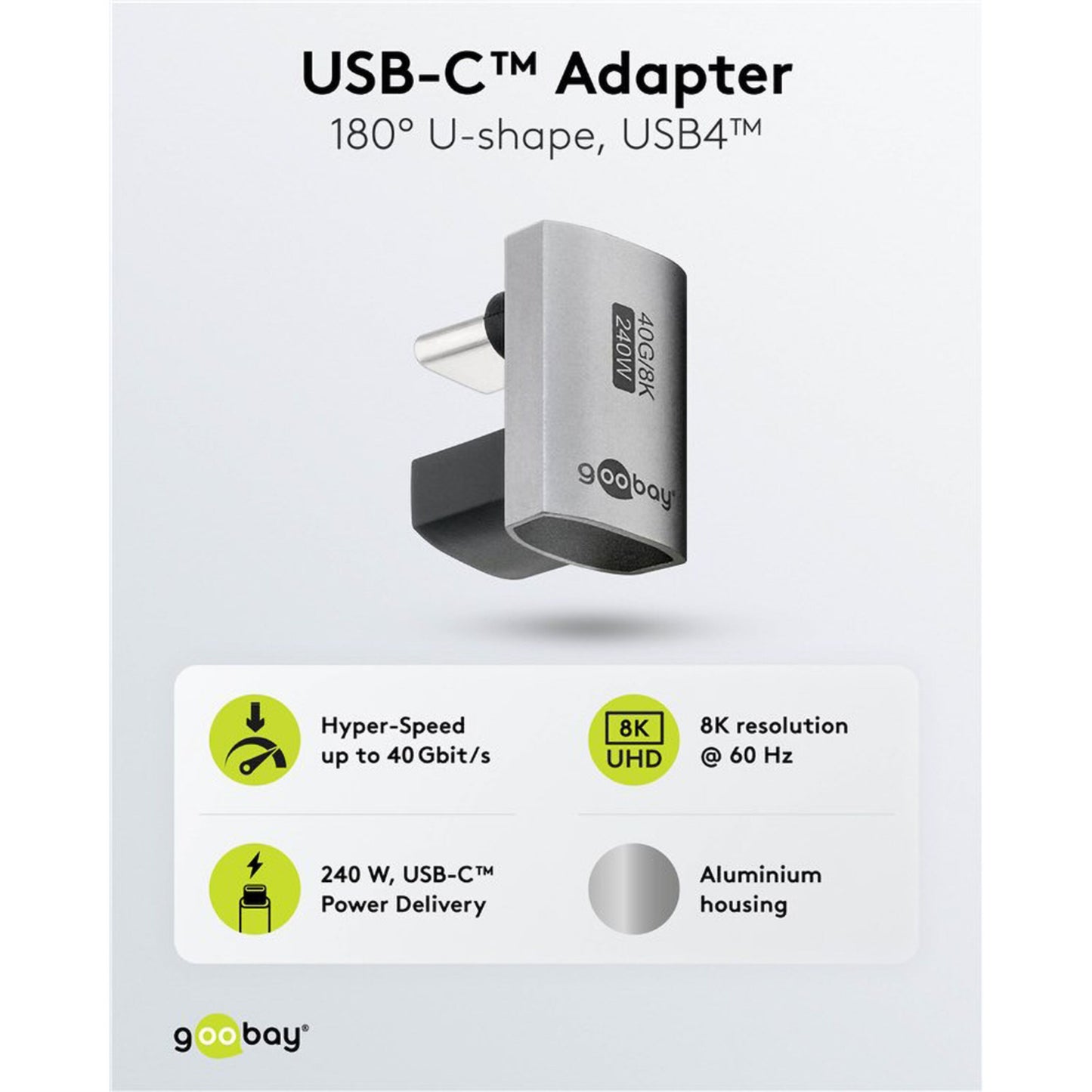 USB-C-adapter 180° U-formet med USB4, 40 Gbit/s, 8K 60 Hz, op til 240 W, aluminiumshus.