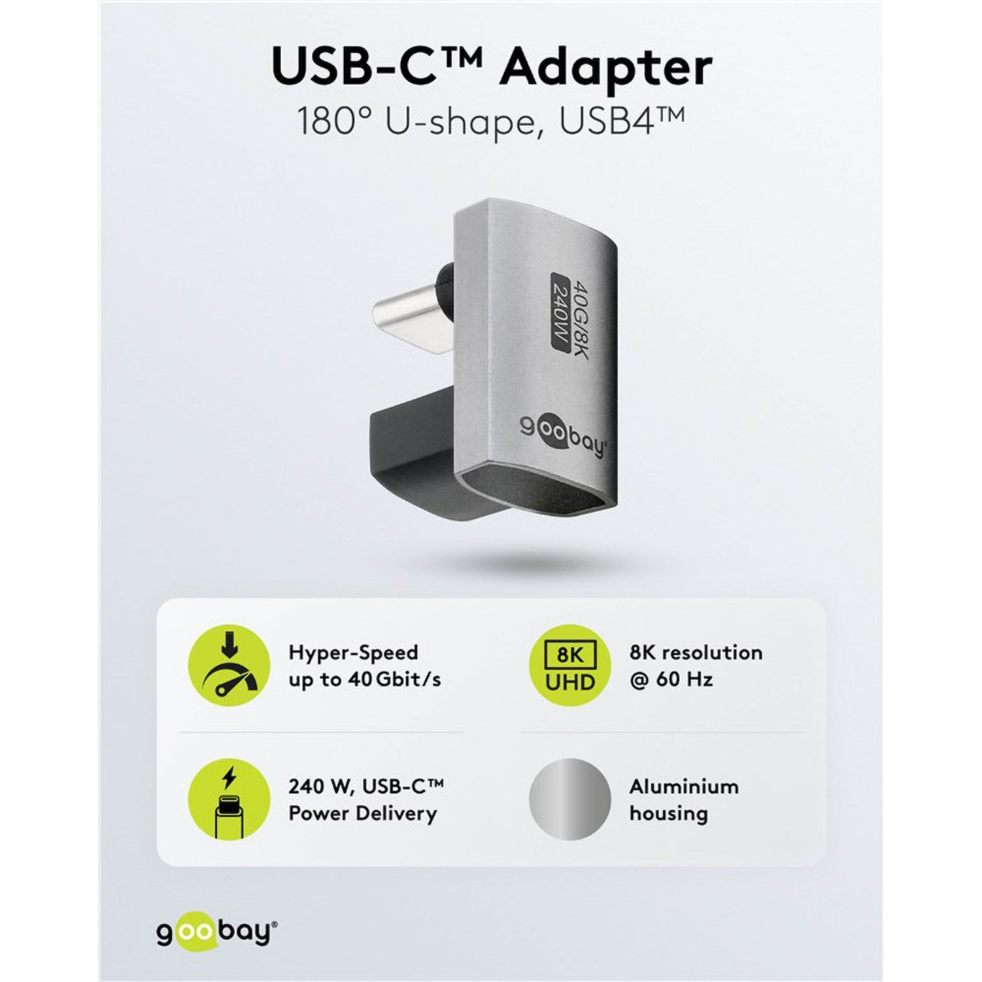 USB-C-adapter 180° U-formet med USB4, 40 Gbit/s, 8K 60 Hz, op til 240 W, aluminiumshus.