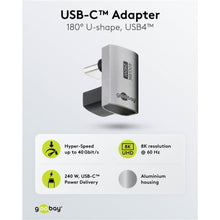 USB-C-adapter 180° U-formet med USB4, 40 Gbit/s, 8K 60 Hz, op til 240 W, aluminiumshus.