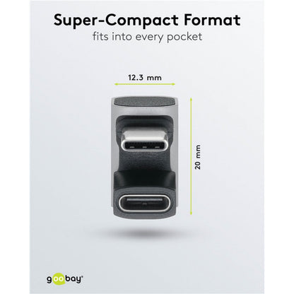 USB-C adapter 180° U-form, USB4-understøttelse, kompakt design 12,3 mm bred/20 mm høj, tekst: Superkompakt format.