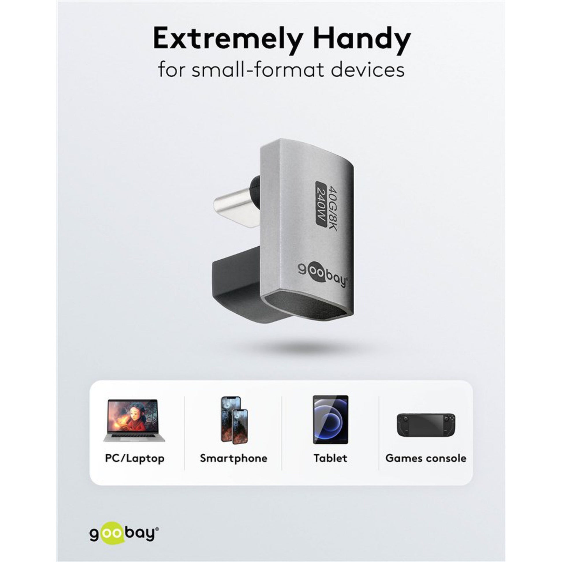USB-C-adapter 180° U-formet med USB4-understøttelse, passer til pc, laptop, smartphone, tablet og spillekonsol.