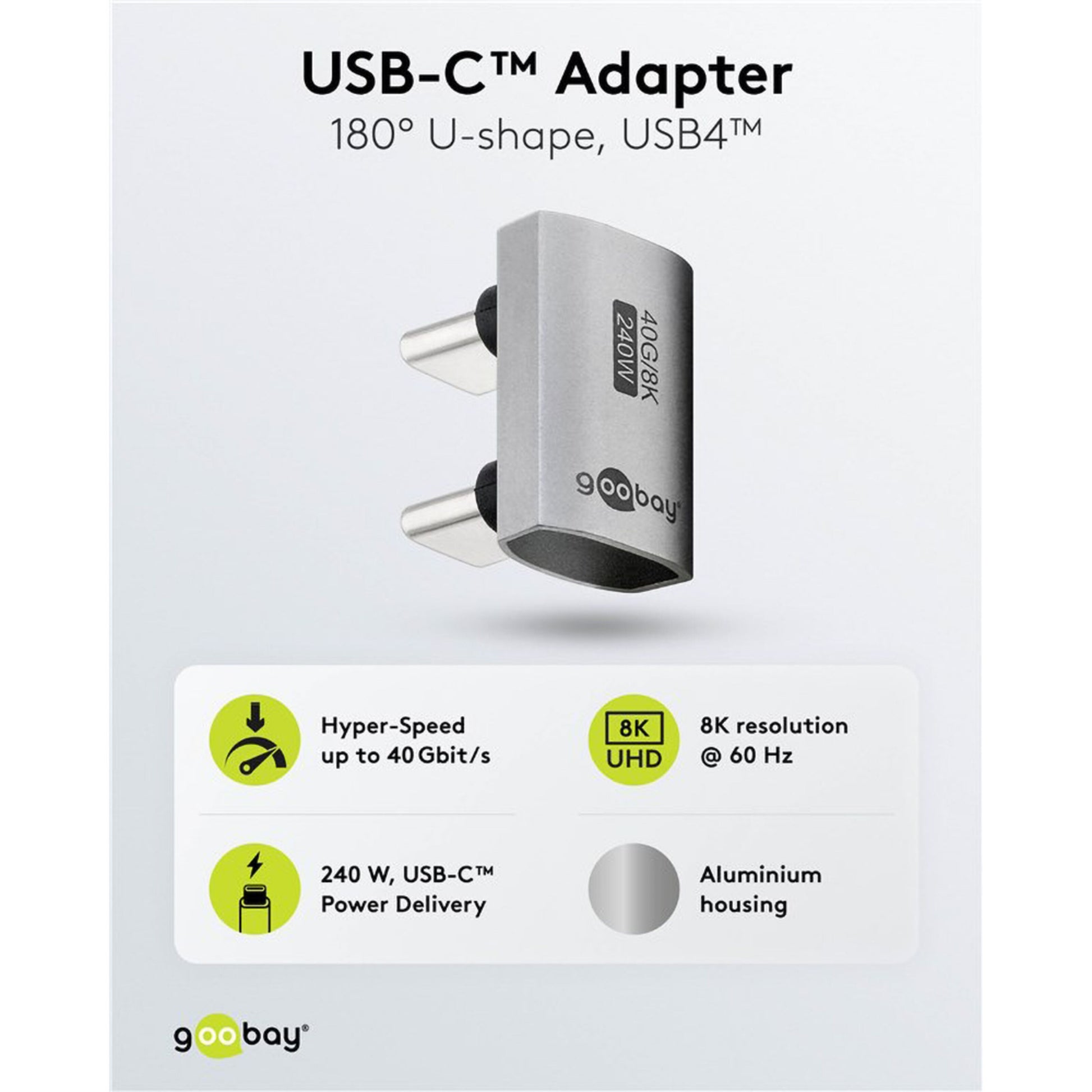 USB-C adapter 180° U-formet USB4 sølv op til 40 Gbit/s, 8K UHD 60 Hz, Power Delivery 240W, aluminiumskonstruktion.