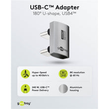 USB-C adapter 180° U-formet USB4 sølv op til 40 Gbit/s, 8K UHD 60 Hz, Power Delivery 240W, aluminiumskonstruktion.