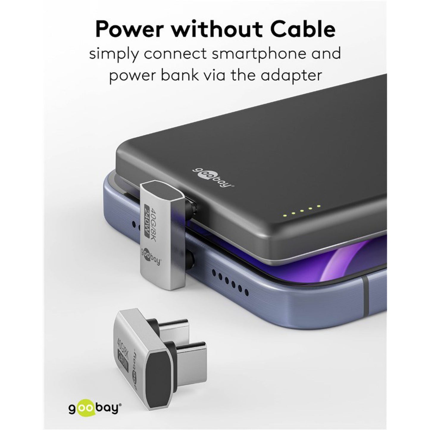 USB-C-adapter 180° U-formet med USB4 forbinder powerbank og smartphone, Power Delivery 240W vises på skærm.