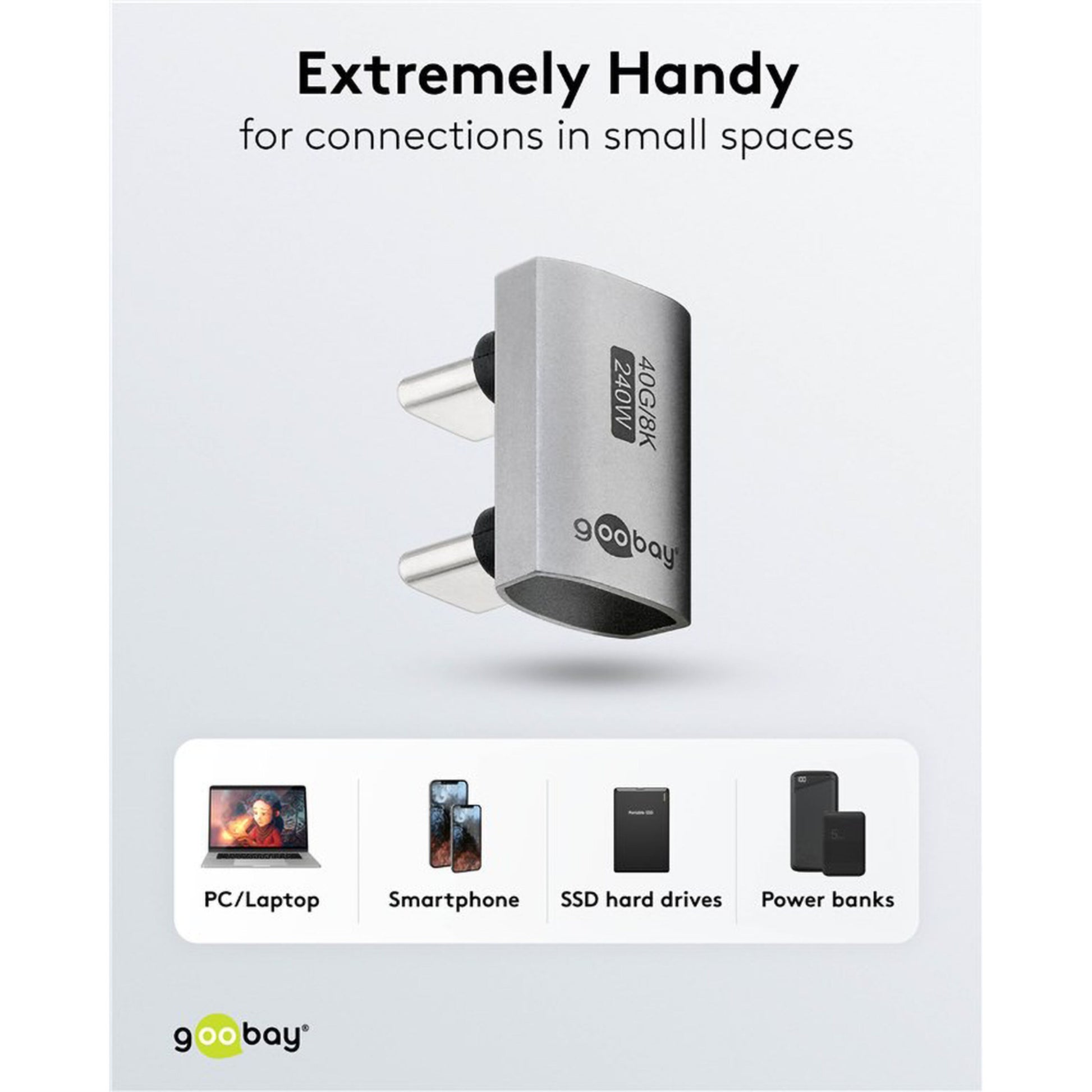 Grå USB-C-adapter 180° U-formet med USB4 og Power Delivery 240W, vises over ikoner til pc, smartphone, SSD, powerbank.