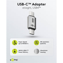 USB-C-adapter lige, USB4 op til 40 Gbit/s, 8K UHD 60 Hz, op til 240W Power Delivery, aluminiumshus.