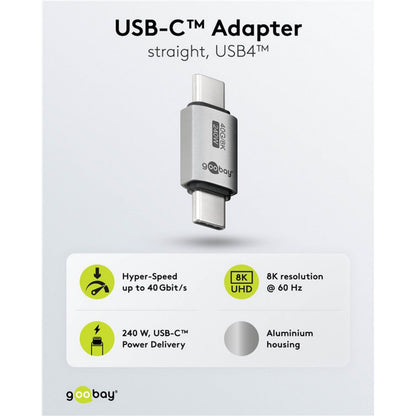 USB-C-adapter lige, USB4 op til 40 Gbit/s, 8K UHD 60 Hz, op til 240W Power Delivery, aluminiumshus.