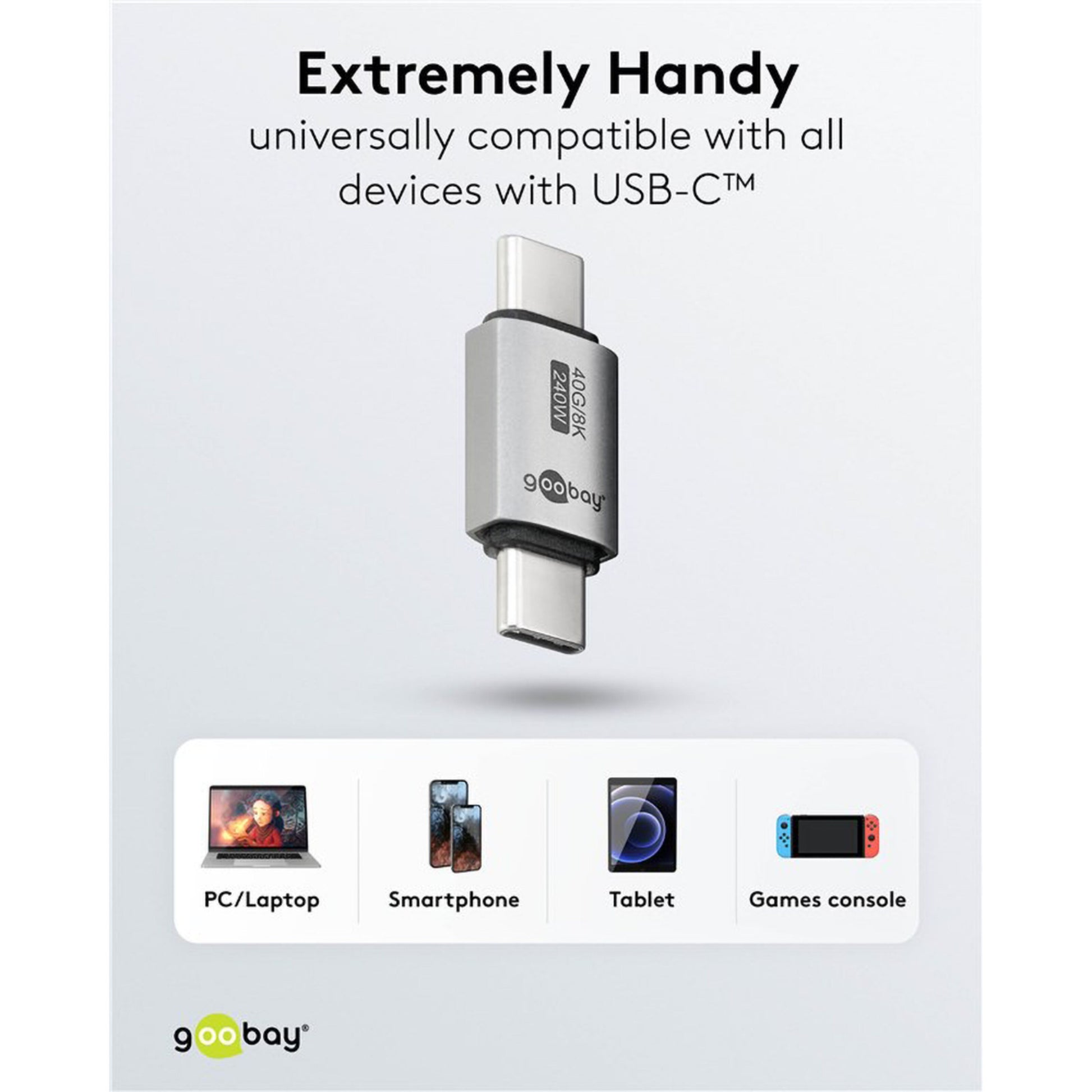 Grå USB-C adapter, USB4, 40 Gbit/s, 240 W vist med ikoner til pc, laptop, smartphone, tablet og spillekonsol.