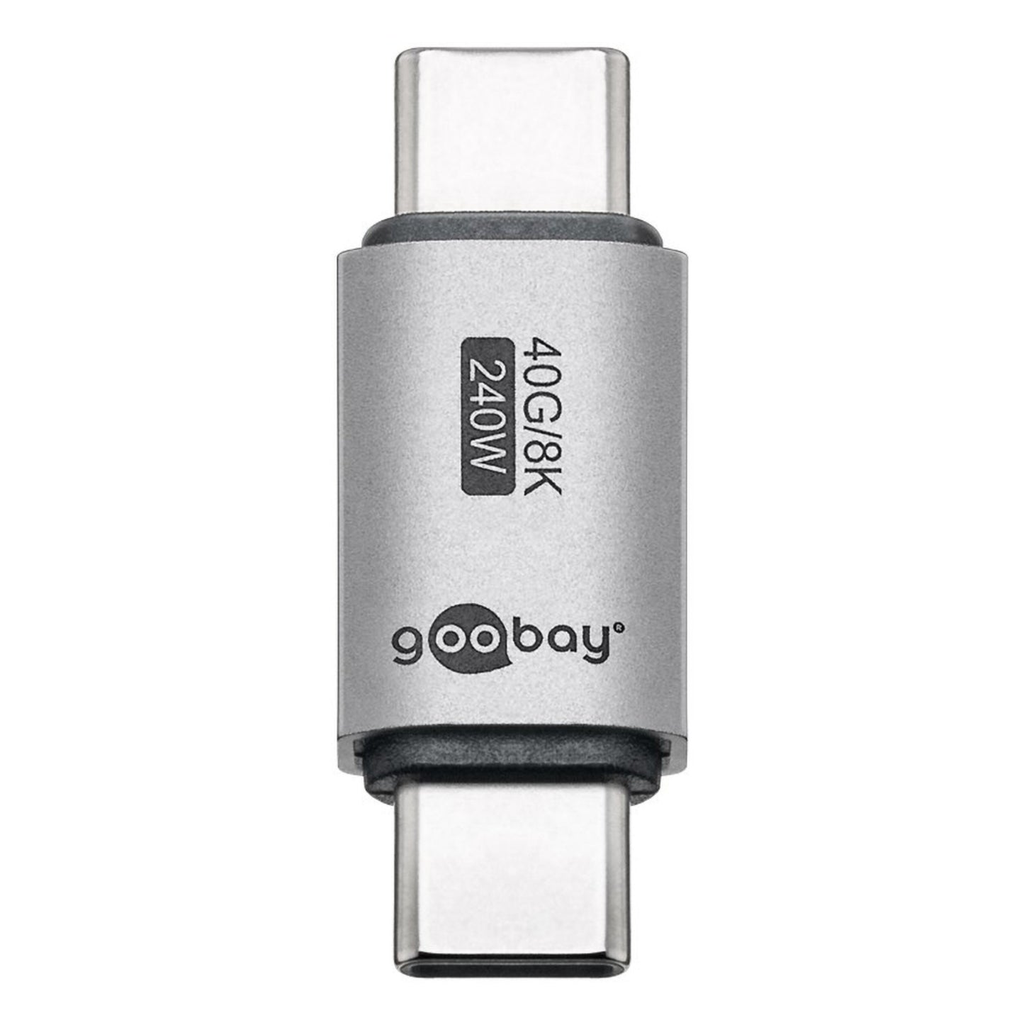 USB-C-adapter lige USB4 40 Gbit/s 240W sølv, USB-C stik i begge ender, label 40G/8K 240W.