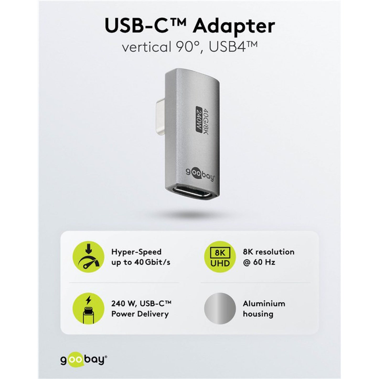 USB-C vinkeladapter 90° med USB4, 40 Gbit/s, 8K 60 Hz, op til 240W, aluminiumshus.