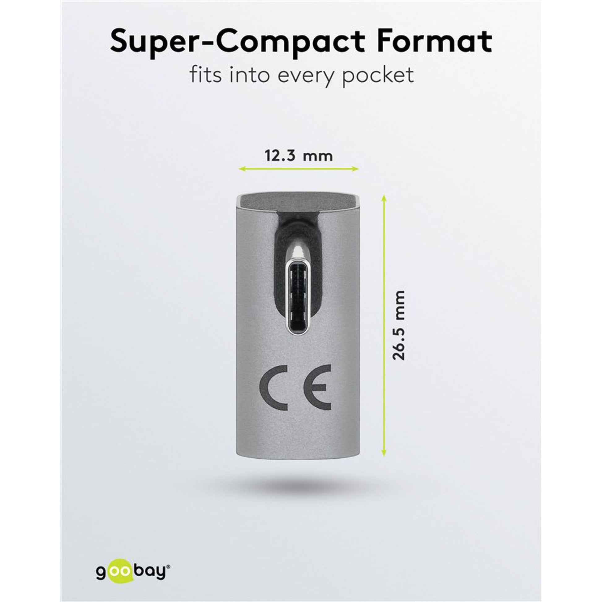 Sølv USB-C 90° vinkeladapter med USB4-understøttelse, CE-mærket, 12,3 mm bred, 26,5 mm høj.