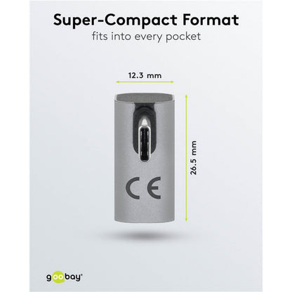 Sølv USB-C 90° vinkeladapter med USB4-understøttelse, CE-mærket, 12,3 mm bred, 26,5 mm høj.