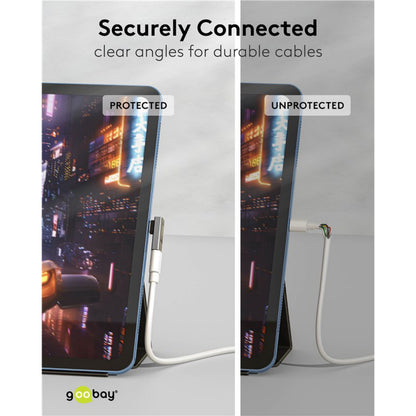 USB-C vinkeladapter 90° med USB4-understøttelse sammenlignet med en blottet, beskadiget kabel.