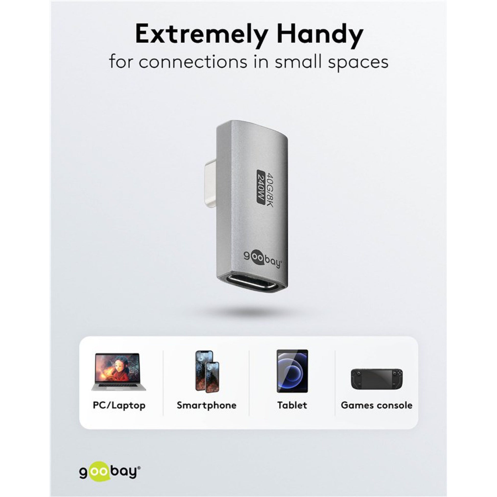 USB-C 90° vinkeladapter USB4, mærket 40GB/s 2TGEN, ikoner til PC, laptop, smartphone, tablet og gamekonsol vises.